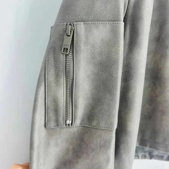 Marc New York Womens Grey Faux Leather Snap Button Long Sleeve Bomber Jacket L - Picture 5 of 11